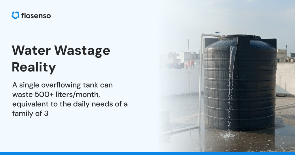 Overflowing rooftop water tank wasting water in Indian home with Flosenso solution